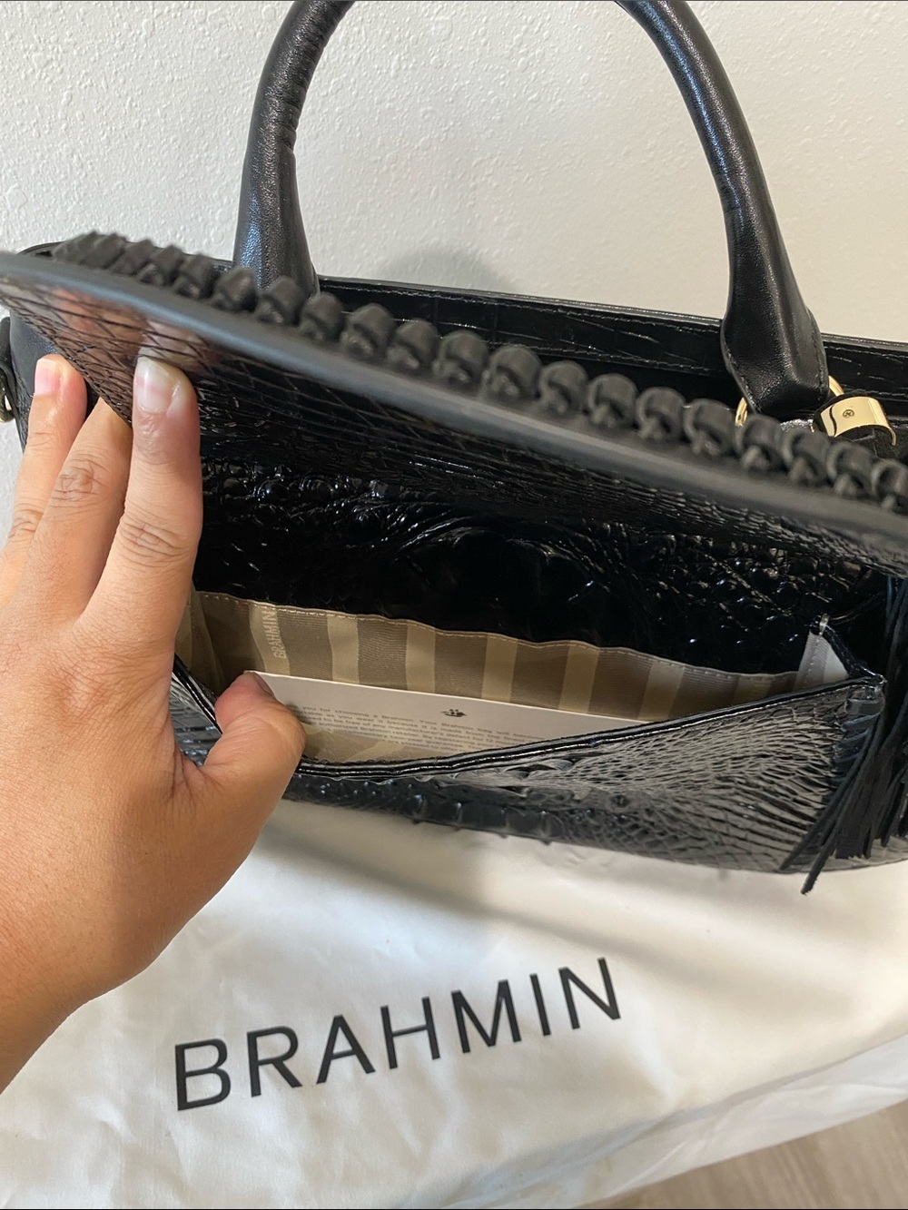 Brahmin Black Croc-Embossed Leather Satchel with Tassel and Matching Wallet ๐ค๐ - Picture 5 of 10